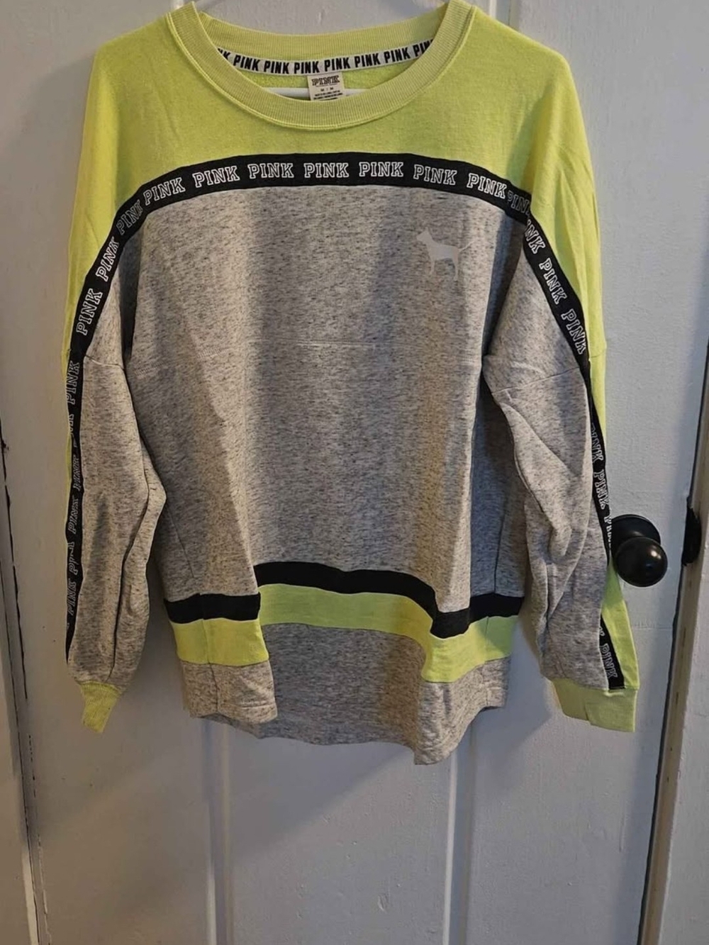 PINK Victoria's Secret Gray & Neon Yellow Crewneck Sweatshirt